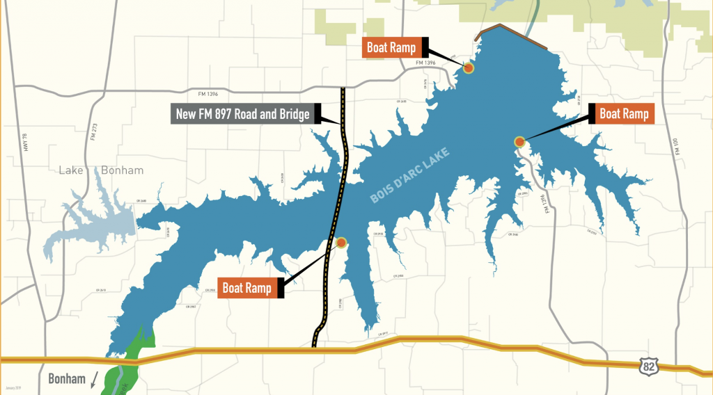 Map of boat ramps around Bois d'Arc Lake